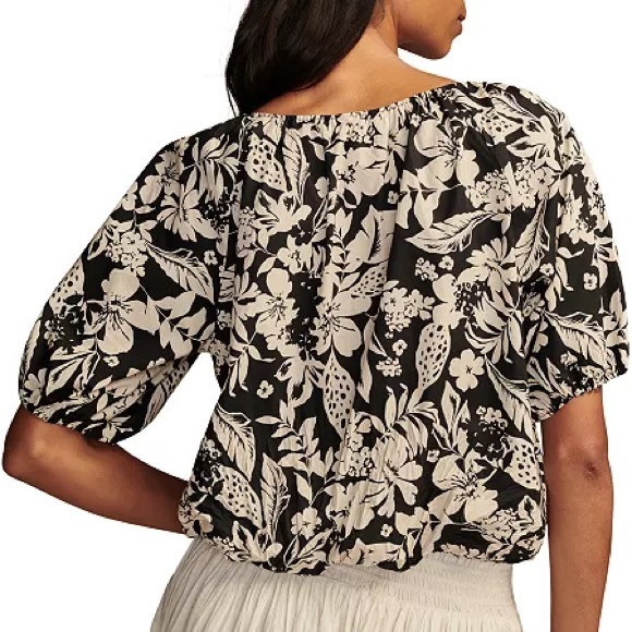 LUCKY BRAND Cotton Gathered Poplin Top Black Cream Women’s SIZE XL boho tropical - Picture 11 of 11